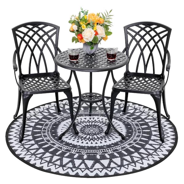 Nuu Garden 3-Piece Cast Aluminum Outdoor Bistro Set Furniture Set with 5 ft. Round Patio Area Rug in Black