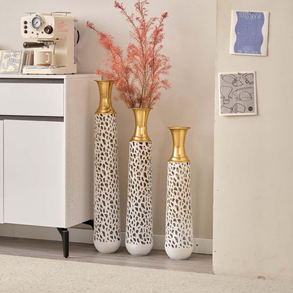 25.5 in. 29 in. 34 in. Hight White and Gold Floor Metal Vases Decorative Va