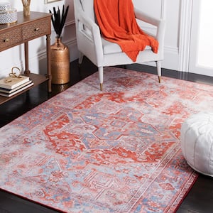 Tuscon Rust/Blue 8 ft. x 10 ft. Machine Washable Distressed Floral Border Area Rug