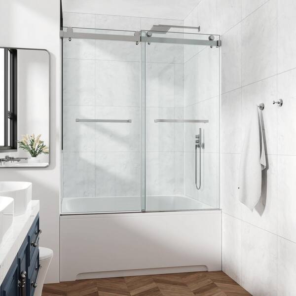 Tango 56-60 in. W x 72 in. H Sliding Frameless Shower Door in Brushed Nickel with Clear Glass