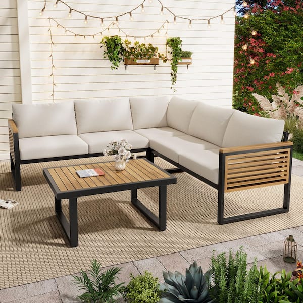 Teak & Black 4-Piece Outdoor Acacia Wood and Metal Outdoor Sectional Set with Beige Cushions and Coffee Table
