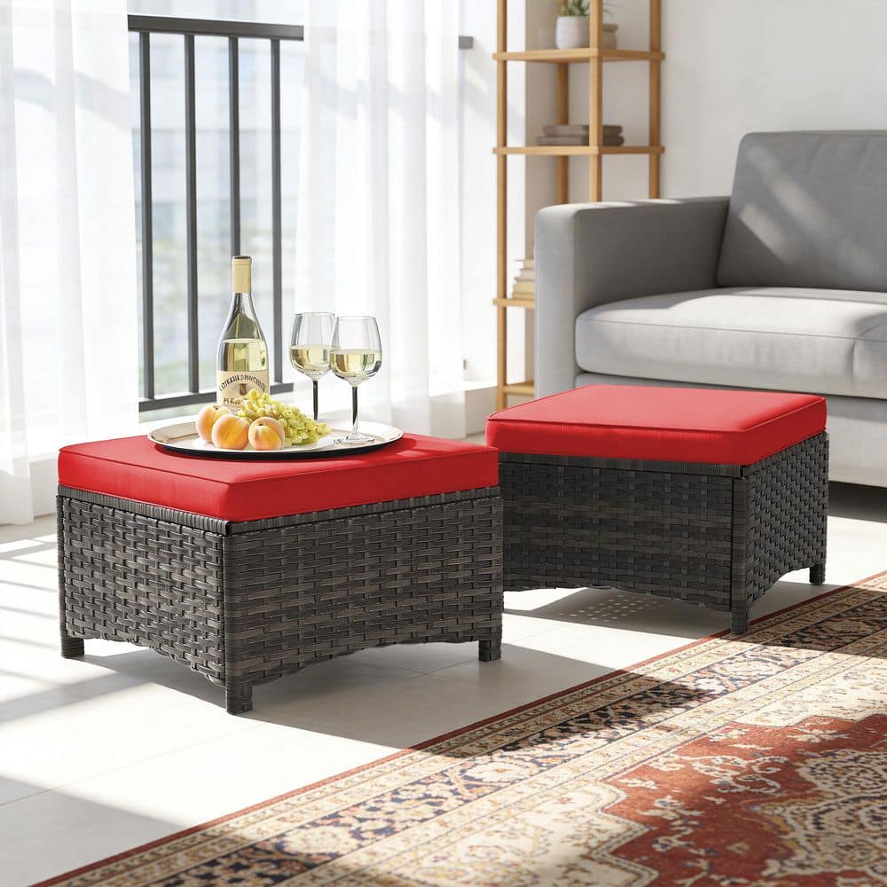 Wicker Outdoor Ottoman with Red Cushion (Set of 2)