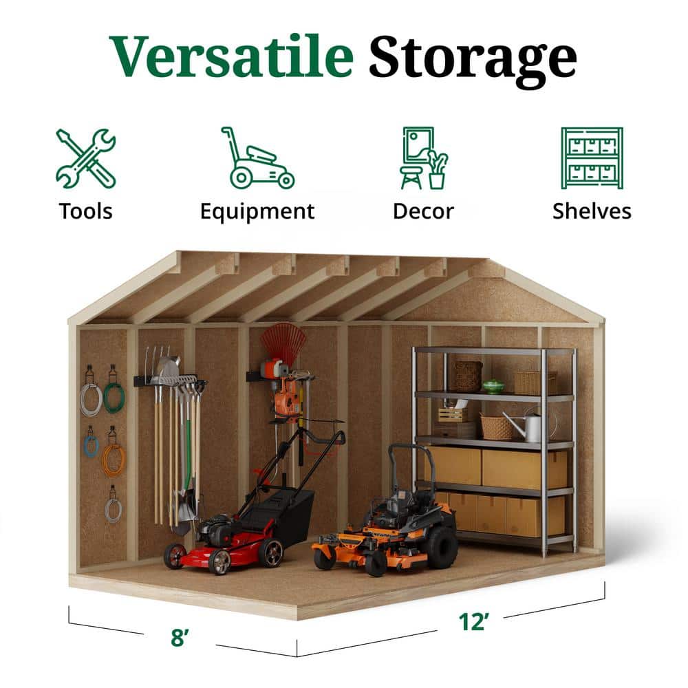 8x12 Gray Wood Storage Shed with Windows and Floor Kit