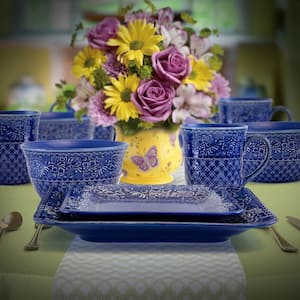 Indigo Lotus 16-Piece Traditional Blue Stoneware Dinnerware Set (Service for 4)