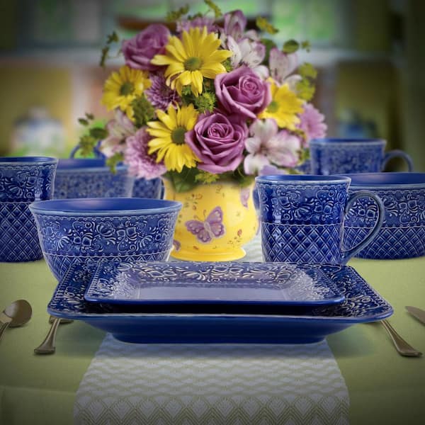 Indigo Lotus 16-Piece Traditional Blue Stoneware Dinnerware Set (Service for 4)