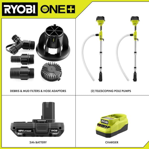 RYOBI (2) ONE+ 18V Cordless 1/6 HP Telescoping Pole Pumps with (1