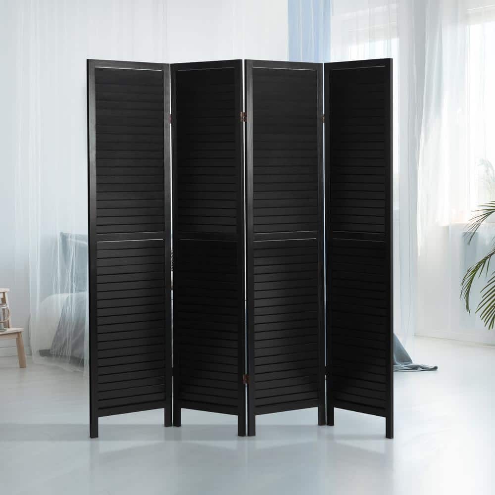 Black 6 Ft Tall Wooden Louvered 4-Panel Room Divider
