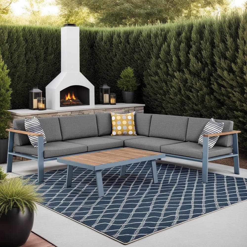 Nofi Gray 3-Piece Aluminum and Teak Wood Outdoor Sectional with Gray Cushio