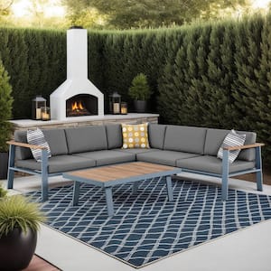 Nofi Gray 3-Piece Aluminum and Teak Wood Outdoor Sectional with Gray Cushions