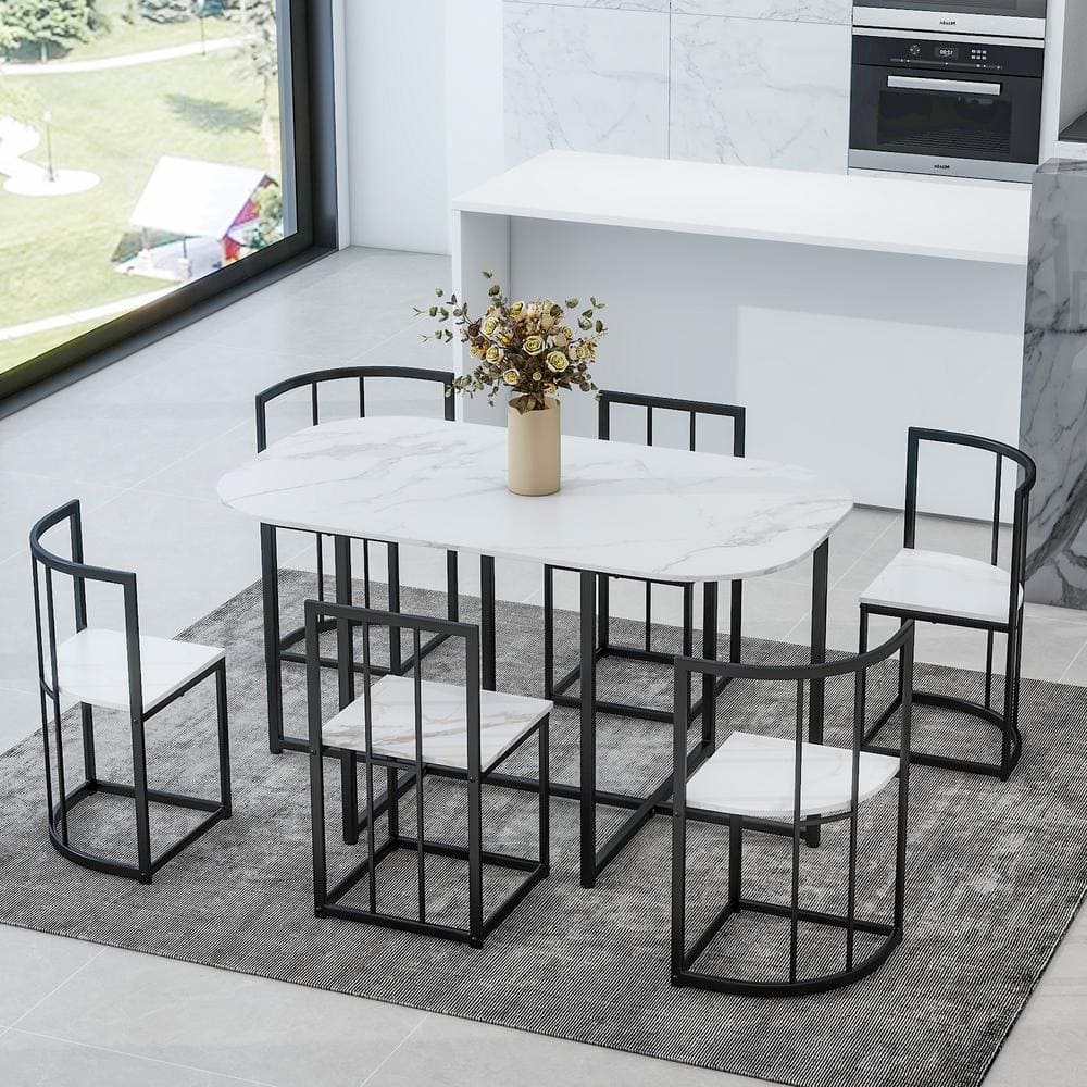 7-Piece Metal Outdoor Dining with Faux Marble Compact 55 Inch Kitchen Table