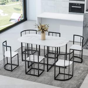7-Piece Metal Outdoor Dining with Faux Marble Compact 55 Inch Kitchen Table Set for 6, in Black Frame and White Marble