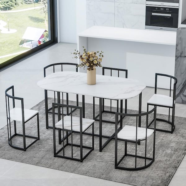 Unbranded 7-Piece Metal Outdoor Dining with Faux Marble Compact 55 Inch Kitchen Table Set for 6, in Black Frame and White Marble