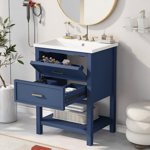 Unbranded 24 in. W x 18 in. D x 34 in. H Freestanding Bath Vanity in Blue with White Cultured Marble Top