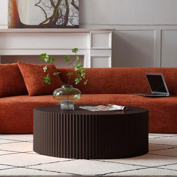 myhomore Artisanal Round MDF Coffee Table with Handcrafted Relief and Stunning Painting Finish, Brown