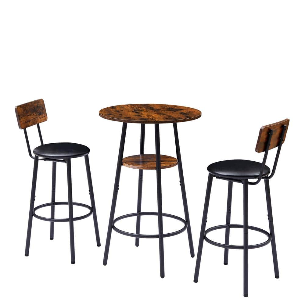 Rustic Brown Wooden Double Layer Bar Table Set with 2 Upholstered Bar Stool