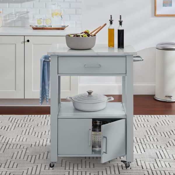 Home Decorators Collection Vining Small Modern Gray Rolling Kitchen Cart with White Marble Top and Single-Drawer Storage (30in. W)