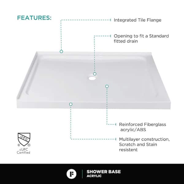 ELEGANT Shower Pan in White 36x 36, Solid Surface Shower Pan in White,  Stainless Steel Drain, Non-Slip Single Threshold Shower Base 