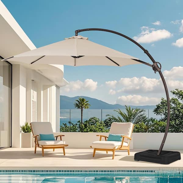 JEAREY 10 ft. L Outdoor Aluminum Curvy Cantilever Offset Hanging Patio Umbrella with Sandbag Base and Cover in Beige