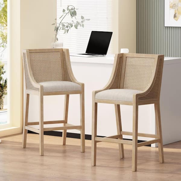 Lochmere 30 in. Beige and Natural Upholstered Rubberwood Bar Stool (Set of 2)