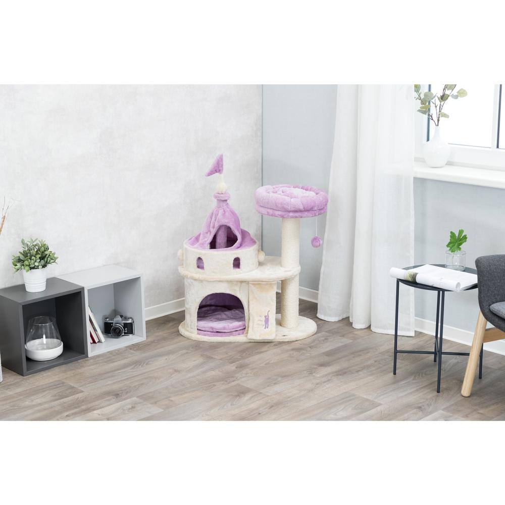 Beige and Lilac Plush Castle Cat Tree with Sisal Post