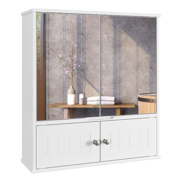Dracelo 21.7 in. W x 6.9 in. D x 23.6 in. H White Bathroom Cabinet with Double Mirror Doors Wall Cabinet