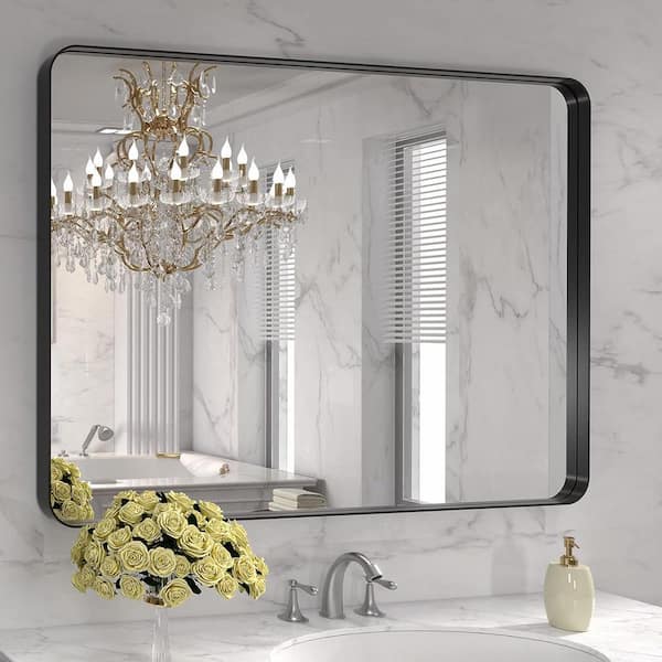 KIOTEE 40 in. W x 30 in. H Rectangular Framed French Cleat Wall Mounted Tempered Glass Bathroom Vanity Mirror in Matte Black
