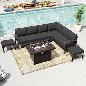 8-Seat Aluminum Patio Conversation Set with Fire Pit Table, Ottoman and Cushion Black