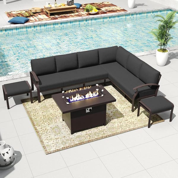 Halmuz 8-Seat Aluminum Patio Conversation Set with Fire Pit Table, Ottoman and Cushion Black