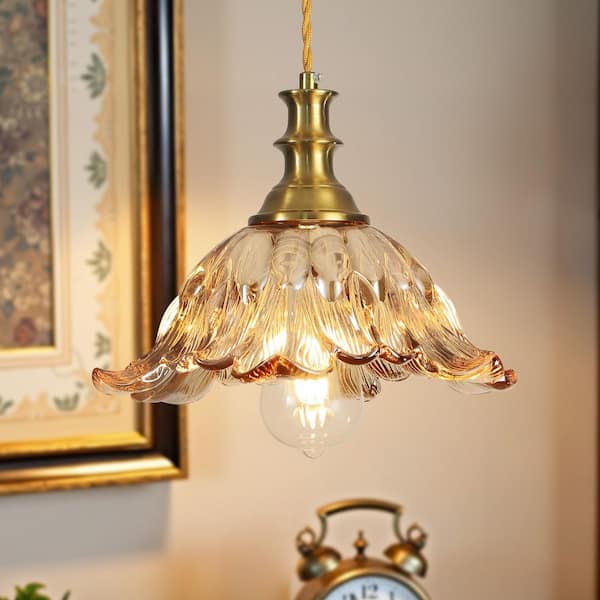 RayHome 60W Petal-shaped Amber Glass Pendant Light Mid-Century Modern Gold Fixture for Kitchen Island Bedroom Foyer