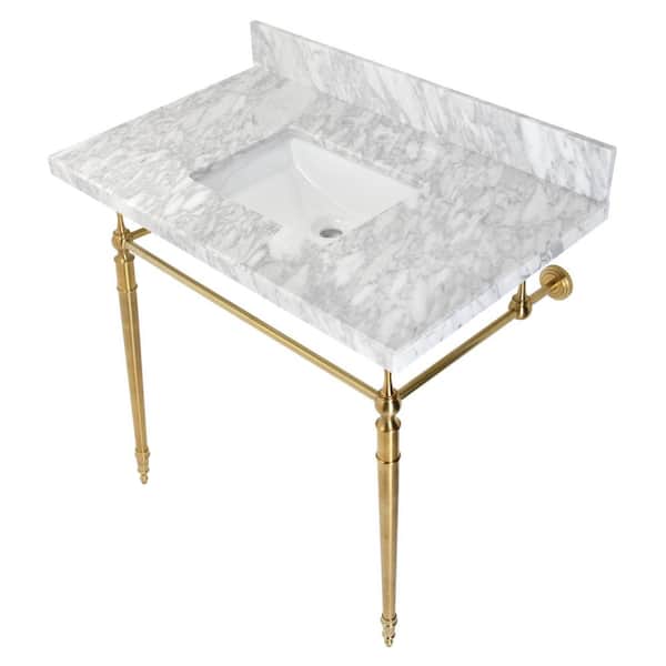 Kingston Brass Edwardian Marble White Console Sink Basin and Leg Combo in Brushed Brass