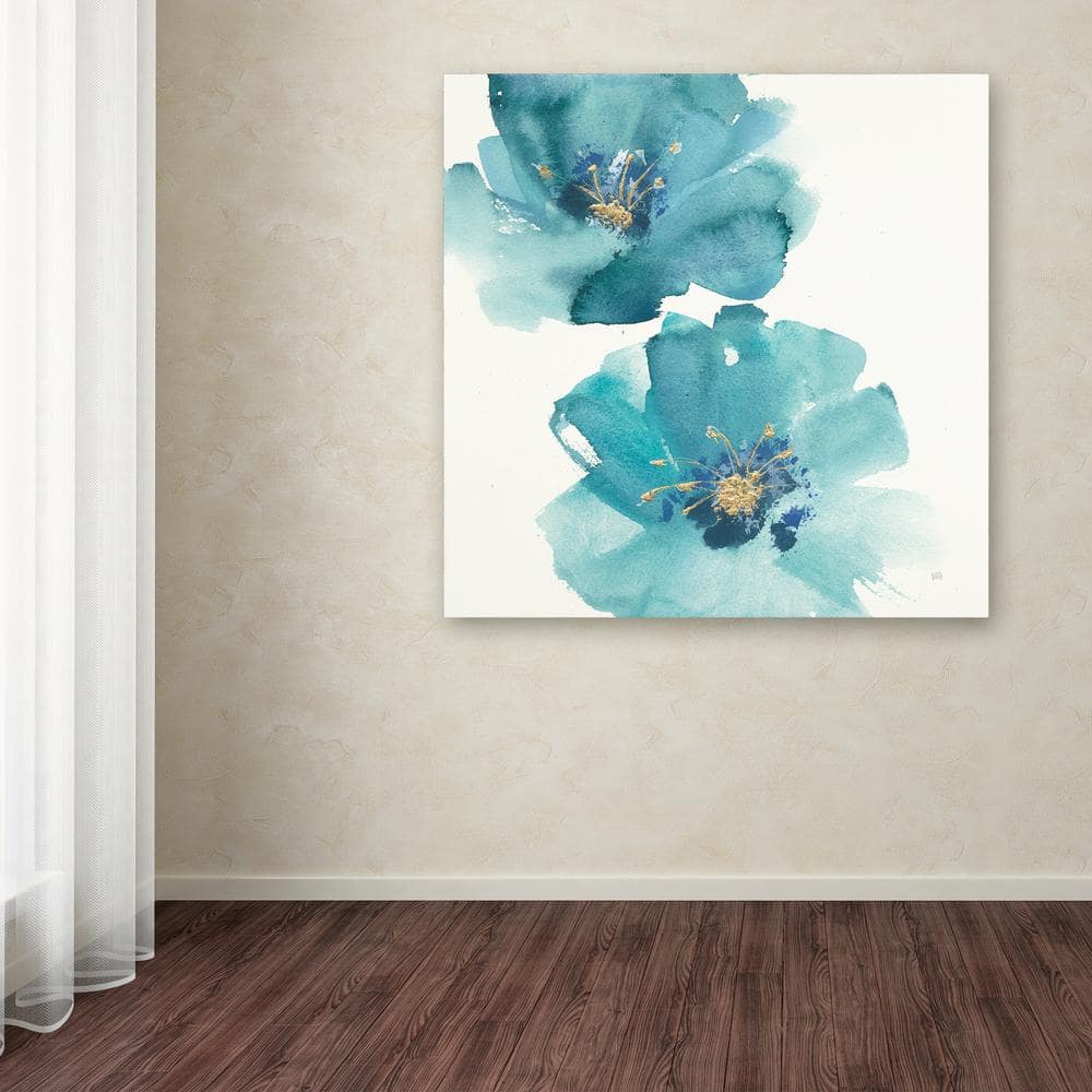 Teal and Gold Floral Canvas Art in Square Frame
