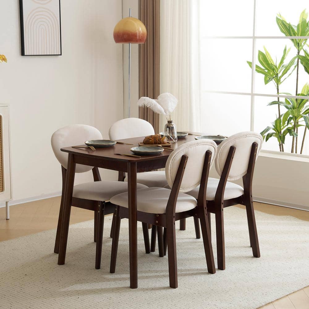 5-Pieces, 1-Table 4-Chairs, Rectangular, Dark Walnut, Rubber Wood Dining Table Set with Beige Cushions