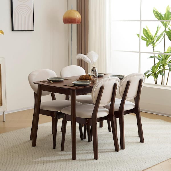 Karl home 5-Pieces, 1-Table 4-Chairs, Rectangular, Dark Walnut, Rubber Wood Dining Table Set with Beige Cushions