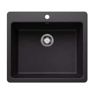 Liven SILGRANIT 25 in. Drop-In/Undermount Single Bowl Granite Composite Kitchen Sink in Coal Black