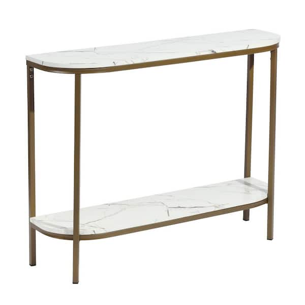 Homy Casa Adria 39.4 in. White Manufactured Wood Top Half Moon Gold Metal Frame Console Table