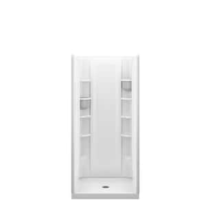 STORE+ 36 in. x 34 in. Single Threshold Center Drain Shower Base with Shower Walls and 12-Piece Accessory Kit in White