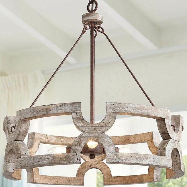 Modern Farmhouse Solid Wood Drum Island Chandelier 3-Light Rustic Brown Pendant Light for Dining Room Kitchen Entryway