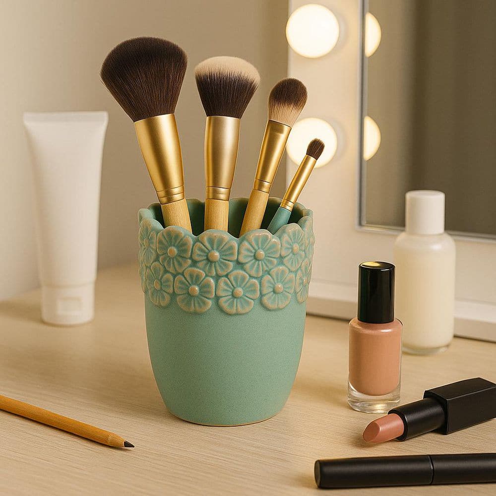 Green 3.25 in. x 4.25 in. Ceramic Flower Border Pencil Cup
