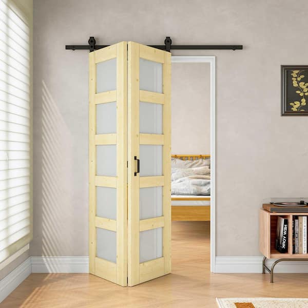 ARK DESIGN 48 in. x 80 in. 5-Lite Tempered Frosted Glass Unfinished Pine Solid Wood Bifold Sliding Barn Door with Hardware Kit
