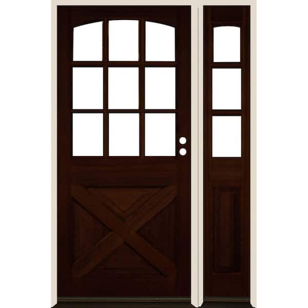 Krosswood Doors 50 in. x 80 in. Farmhouse X Panel LH 1/2 Lite Clear Glass Red Mahogany Stain Hemlock Wood Prehung Front Door with RSL