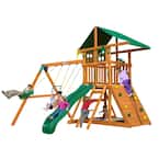DIY Outing III Treehouse Wooden Backyard Swing Set with Rock Wall, Sandbox, and Playset Accessories
