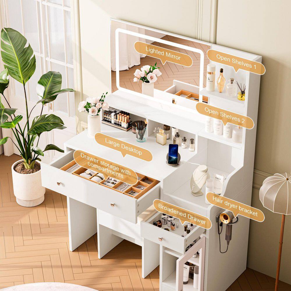3-Drawers White Makeup Vanity Table Set with Stool Dressing Desk Vanity Wood with Rectangle Mirror Storage Shelves