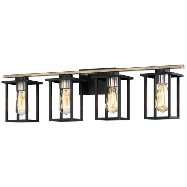 TRUE FINE 33 in. 4Light Matt Black/Wood Tone Rustic Farmhouse Bathroom