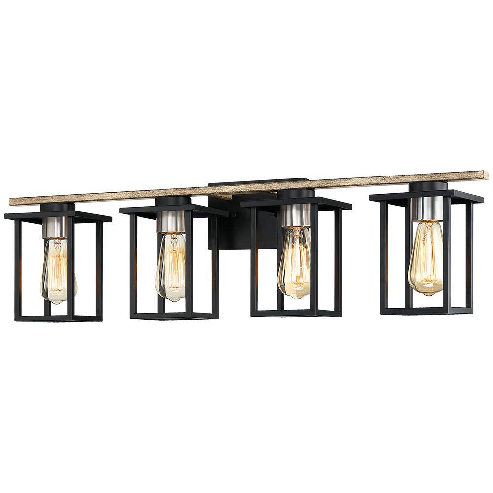TRUE FINE 33 in. 4-Light Matt Black/Wood Tone Rustic Farmhouse Bathroom Vanity Light with Open ...