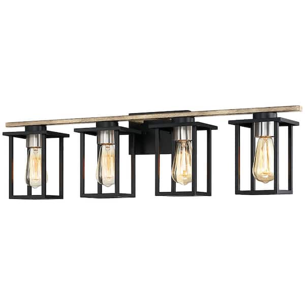 TRUE FINE 33 in. 4-Light Matt Black/Wood Tone Rustic Farmhouse Bathroom Vanity Light with Open Cage Shades