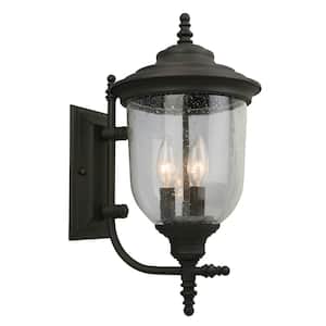 Pinedale 11 in. W x 17.52 in. H 3-Light Matte Bronze Outdoor Wall Lantern Sconce with Clear Seedy Glass Shade