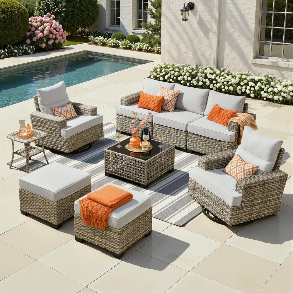 Merritt 9-Piece Wicker Outdoor Furniture Patio Conversation Sofa Set with Swivel Chairs, Tables and Light Gray Cushions price history on PriceWatchPro