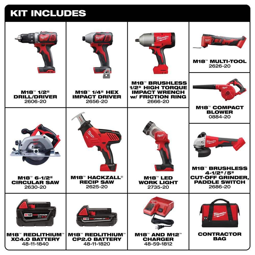 Milwaukee M18 18-Volt Lithium-Ion Cordless Combo Kit 9-Tool with 2-Batteries, Charger and Tool Bag 2697-29