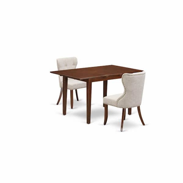 East West Furniture 3-Piece Mahogany Finish Solid Wood Top Dining Table Set