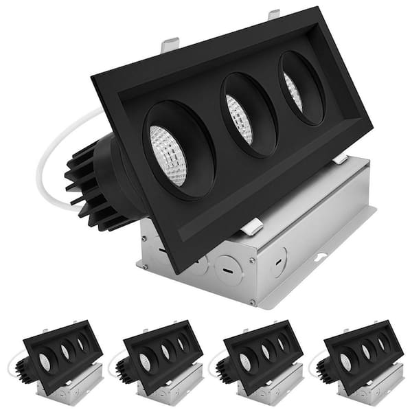 3-Head Integrated LED Rectangular Black Regressed Gimbal Recessed Light, 360°+15° Swivel 5CCT 45W 3000LM Dimmable 4 Pack